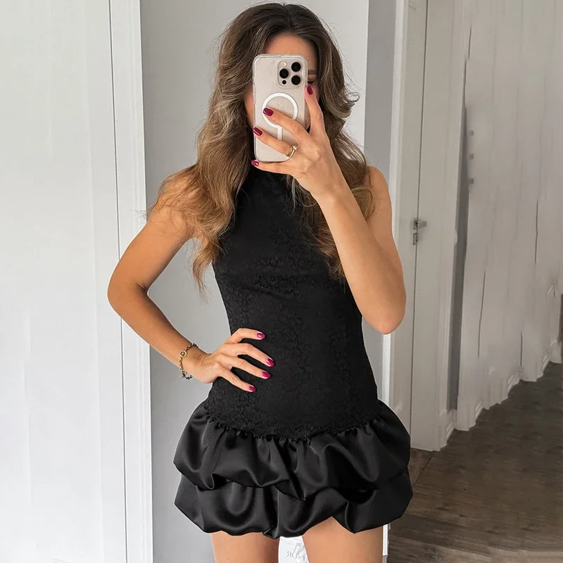 

Sleeveless Lace Mini Dress Female Slim Folds Splice Turtleneck Black Birthday Party Dress New Fall Lady Slim Dress