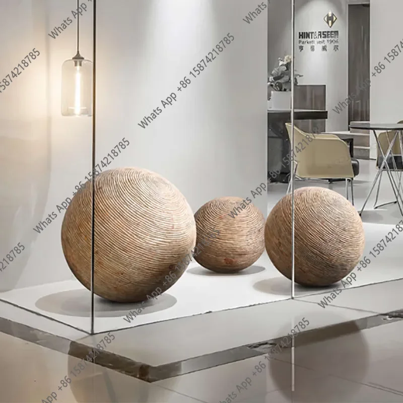 

S64 Solid Wood Carving, Round Wood Ball Floor Ornament, Large-scale Craft Sculpture, Hotel Lobby Window Soft Decoration