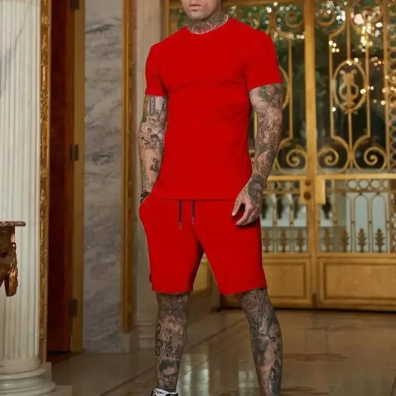 Novo 2025 verão lazer terno esportivo masculino caminhadas ao ar livre jogging masculino manga curta camiseta + shorts conjunto de duas peças