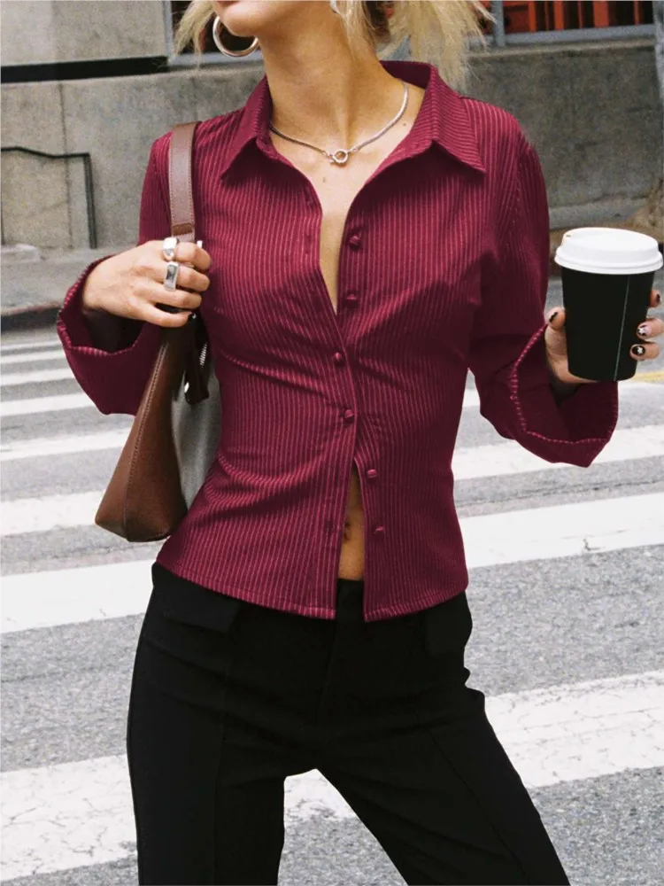 

New Women Vintage Striped Shirt Spring Autumn Casual Turn Down Collar Flare Sleeve Slim Fit Button Up Blouse Office Ladies Tops