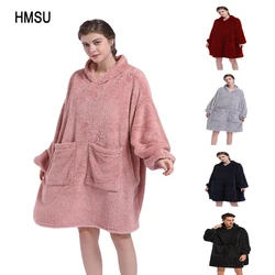 Hmsu oversized hoodie cobertor com mangas moletom xadrez inverno velo com capuz feminino bolso com capuz suor oversize femme