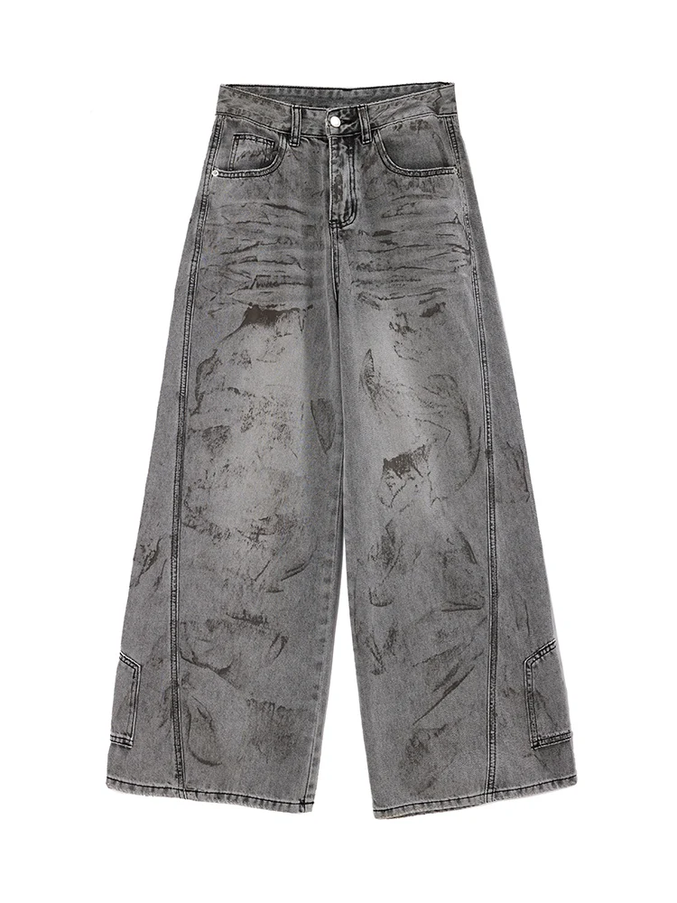 Jeans da donna grigi a vita alta pantaloni in denim larghi dritti vintage streetwear pantaloni in denim a gamba larga alla moda stile americano