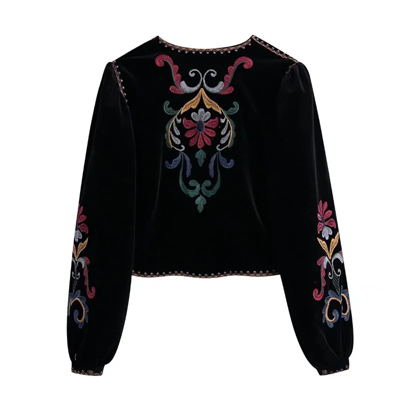 Women's New Slim Fit Long Sleeved Short Embroidered Velvet Shirt