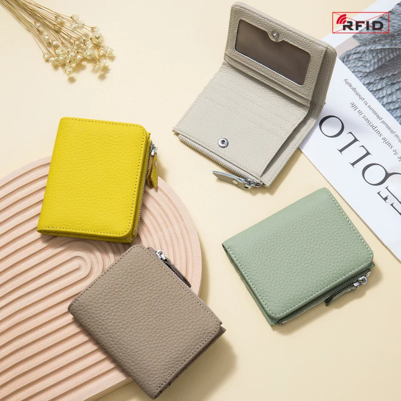 Western New Ultrathin Short Style RIFD Blocking Leather Women Wallet Candy Color Zipper Design Coin Purse for Ladies