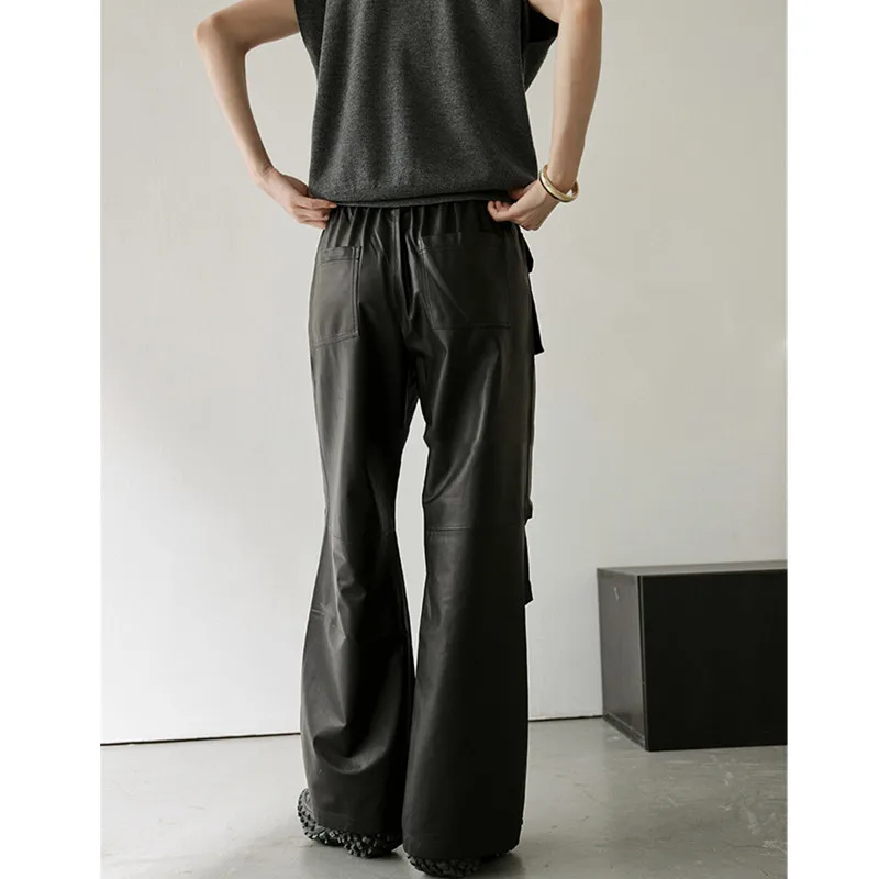 Women's Leather Pants, Sheepskin Wide Leg Pants, Spring And Autumn, Retro Sheepskin Paratrooper Pants, Cargo Style Pants