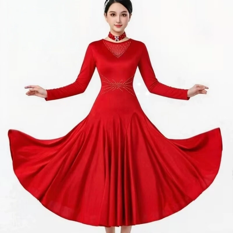

Женское красное платье для бальных танцев с длинными рукавами, украшенное стразами, с пышной юбкой, для выступлений и соревнований