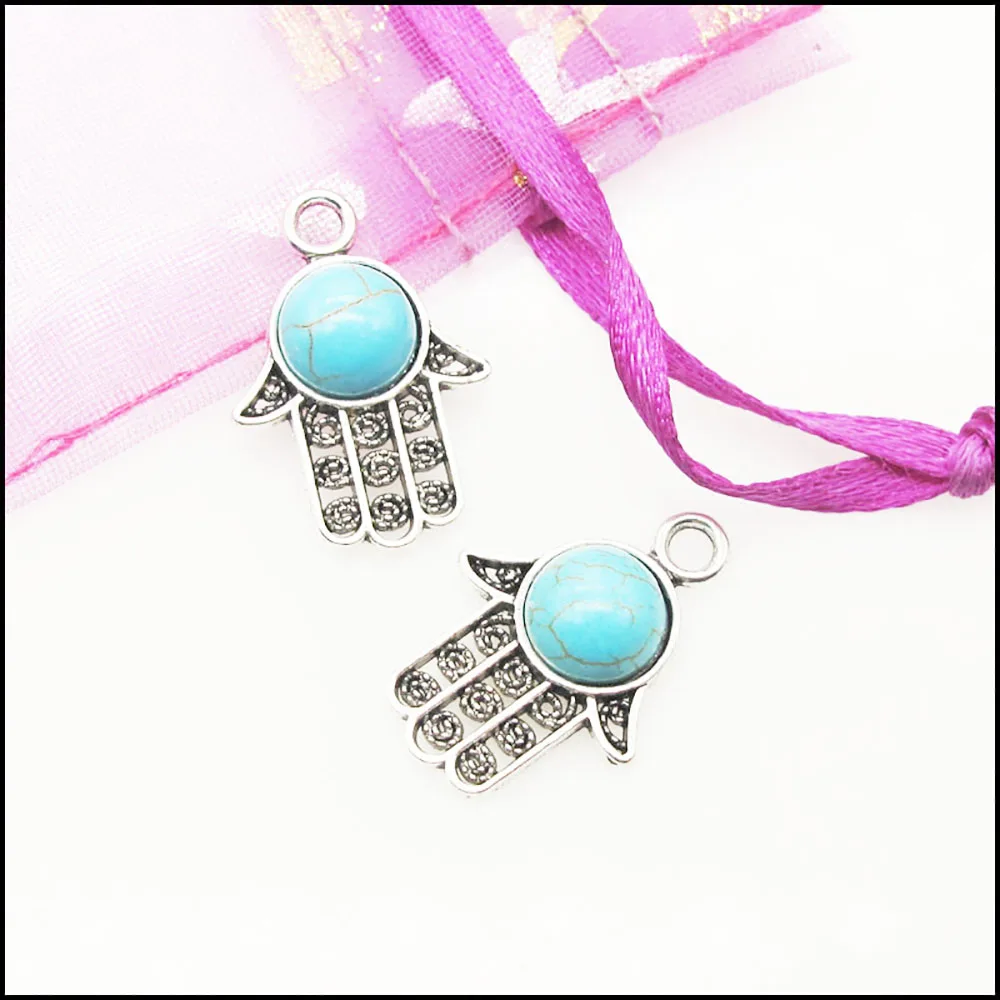 New Retro Plam Leaf Sun Eye Moon Star Flower Charms Antiqued Silver Plated Turquoise Pendants For Gifts Jewelry