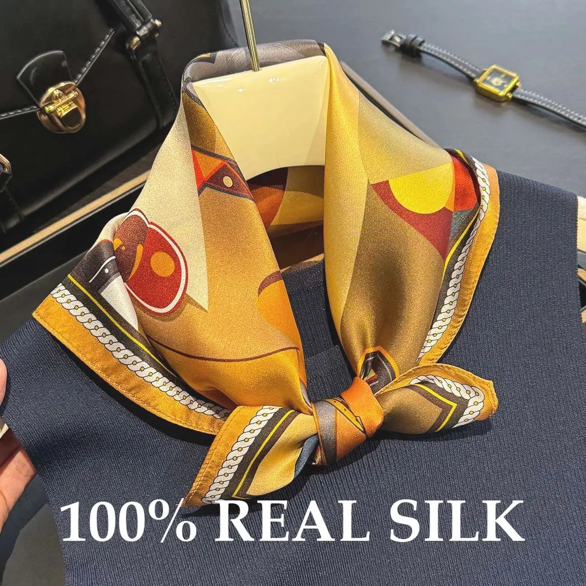 

Brand 100% Pure Silk Scarf Women Neck Hair Foulard Square Headband Hijab Print Poncho Scarves Bandana Fashion 53cm Shawl Wrap