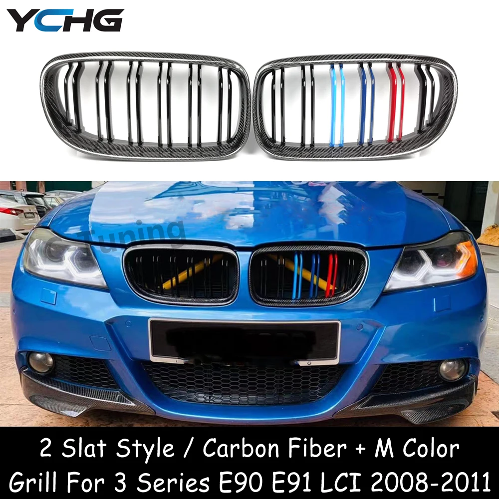 E90 Double line ABS + Real Carbon Fiber + M Color Front Bumper Grille For BMW 3 Series E90 E91 LCI 328i 330i 335i 2008-2011