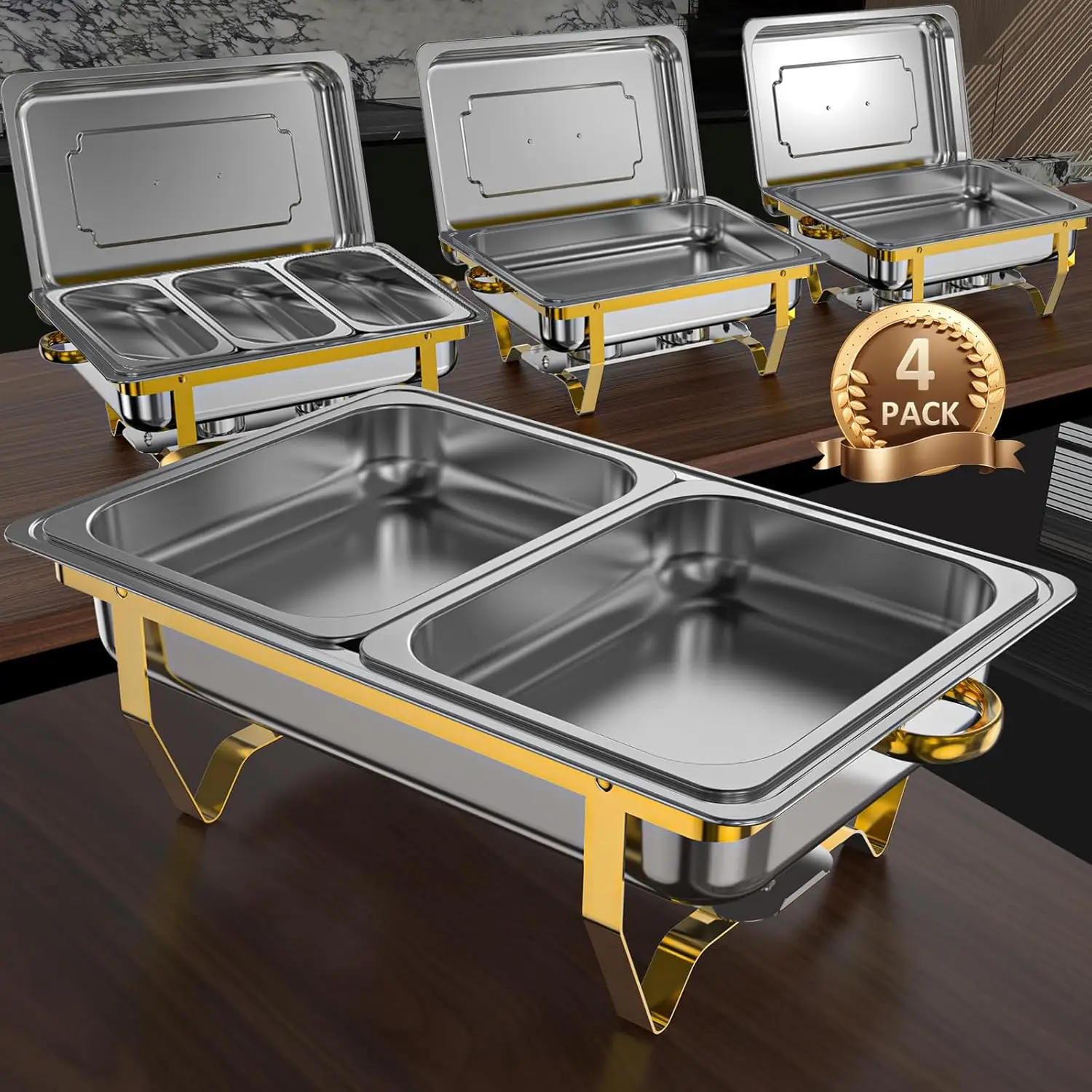 8QT High Grade Chafing Dishes for Buffet, Chafers and Buffet Warmers Sets for Birthday, Wedding, Rolled-Edge Design with Gold