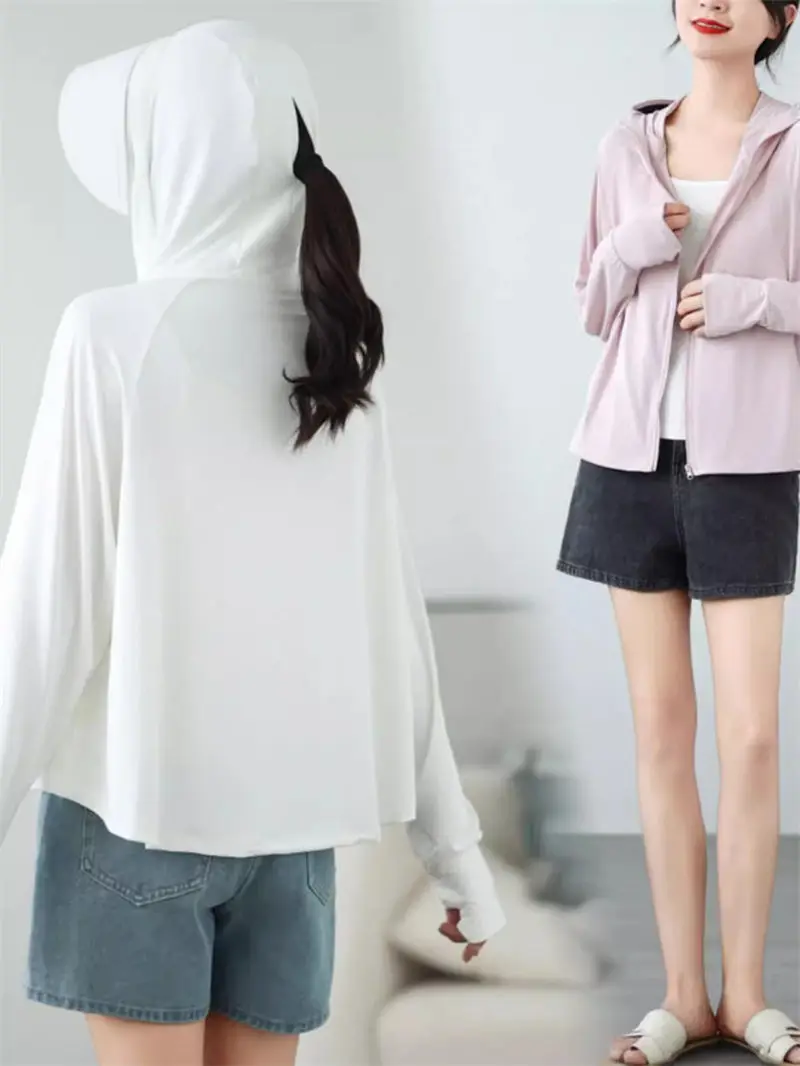 

Summer Casual Versatile Loose Hooded Sun Protection Hoodie Zipper Cardigan Women's Long Sleeve Thin Comfortable Top Jacket K1534