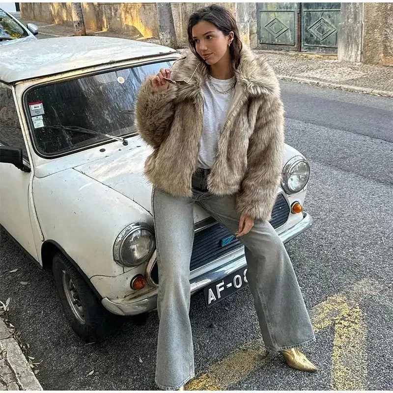 

Женское пушистое пальто из искусственного меха с лацканами и длинными рукавами, модное женское пальто в европейском и американском стиле