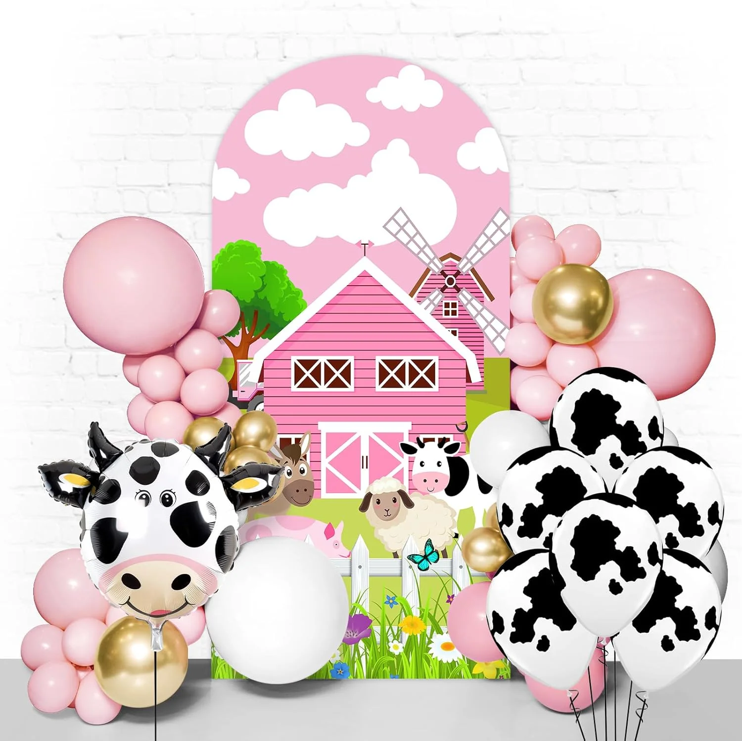 

Розовый фон с аркой сарая, чехол-подставка, чехлы для арки сельскохозяйственных животных, эластичный фон с коровьим принтом, круглый верх, фоны из спандекса на день рождения