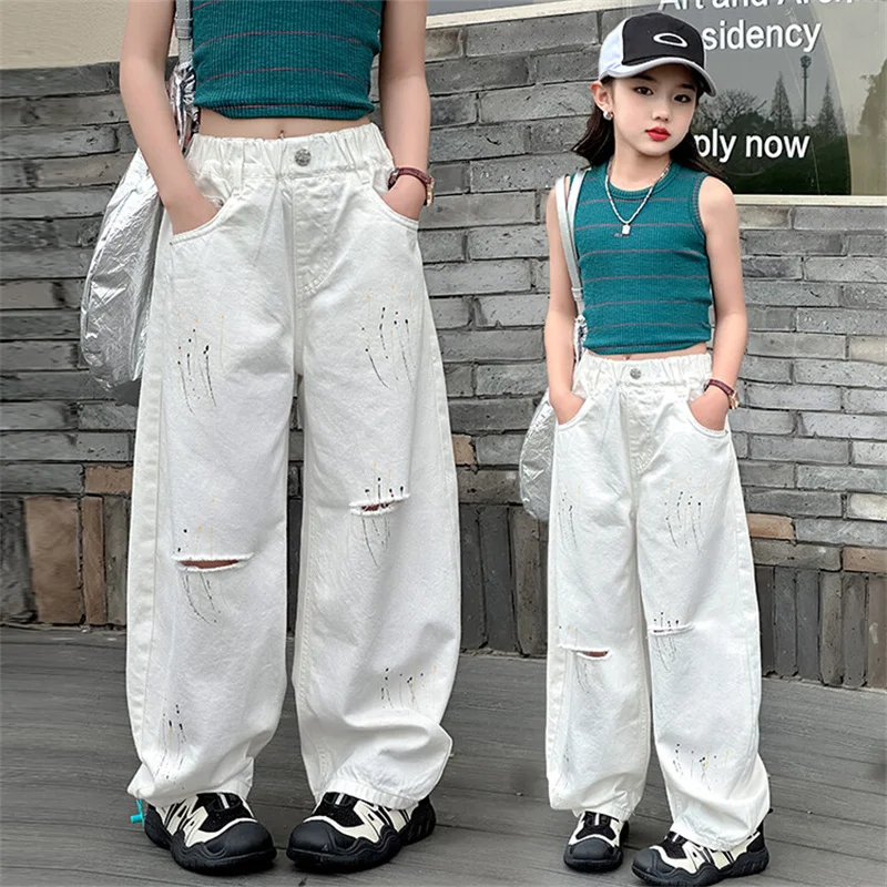 

Girls' pants Summer thin 2024 new 6-12 years old 15 years old fashion ripped casual Harlan loose wide leg pants