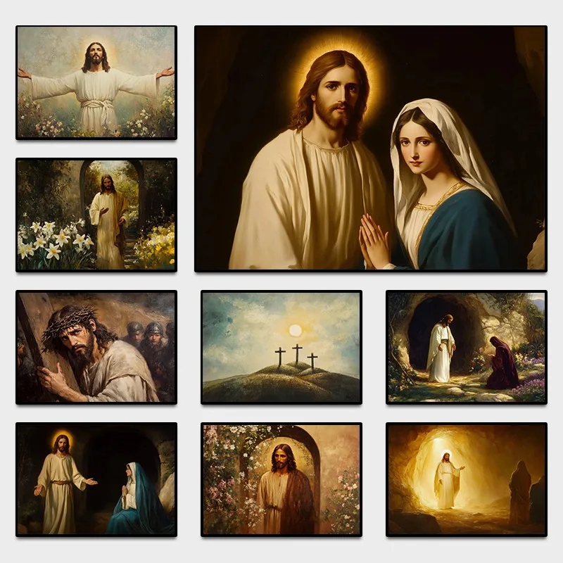 Póster religioso Vintage de Jesucristo resucitado, María Magdalena, cruz cristiana, pintura al óleo, estilo lienzo, arte de pared, decoración del hogar