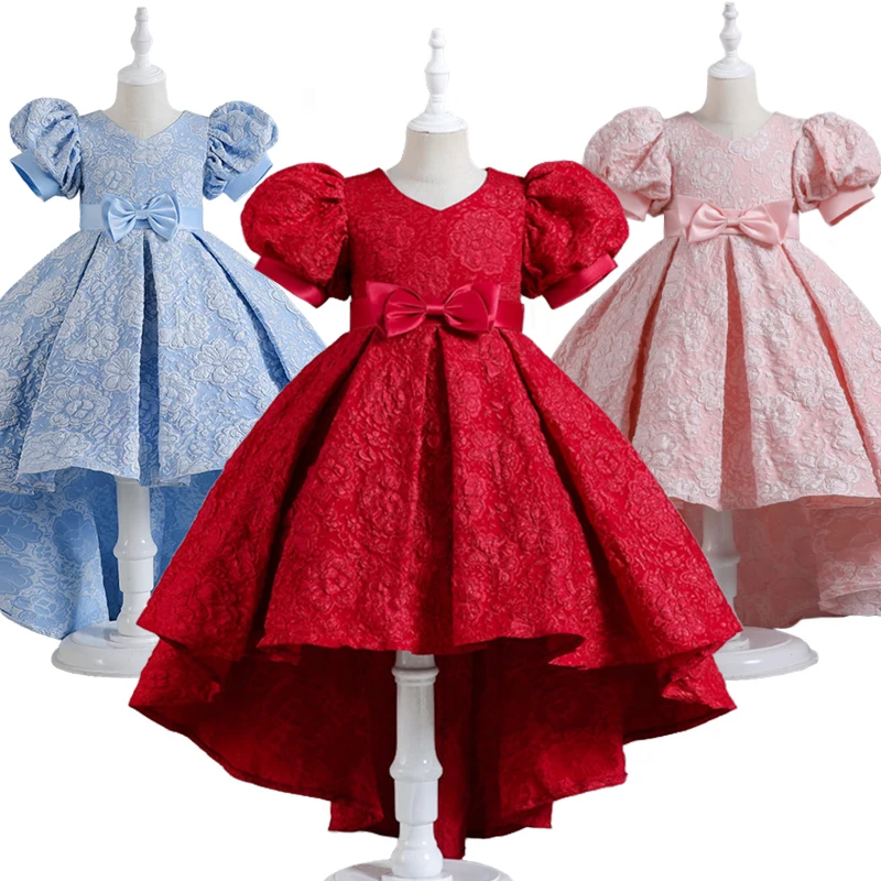 Autumn Children's Floral Princess Floor Length Puff Sleeve Cocktail Dresses for Girls Concert Tail Host Performance Walk Costume