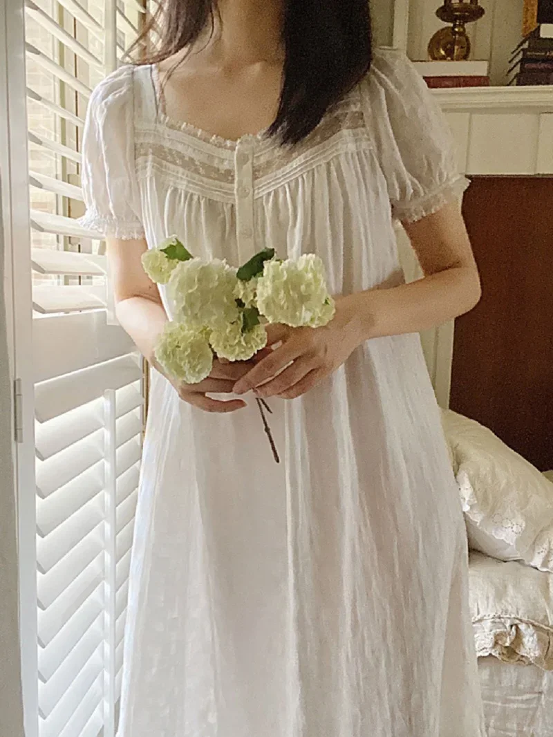 Women Pure Cotton Ruffles Vintage Nightgown Robe Lace Fairy Short Sleeve Victorian Princess Sleepwear Sweet Night Dress Homewear