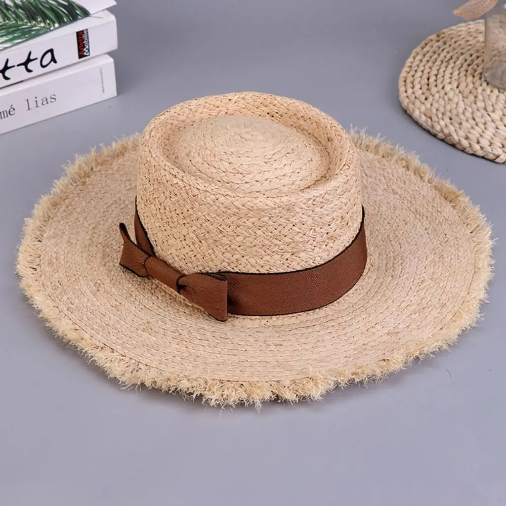 Wide Brim Sun Hats Casual Flat Top Bowknot Straw Hats UV Protection Sun Protection Panama Cap Summer