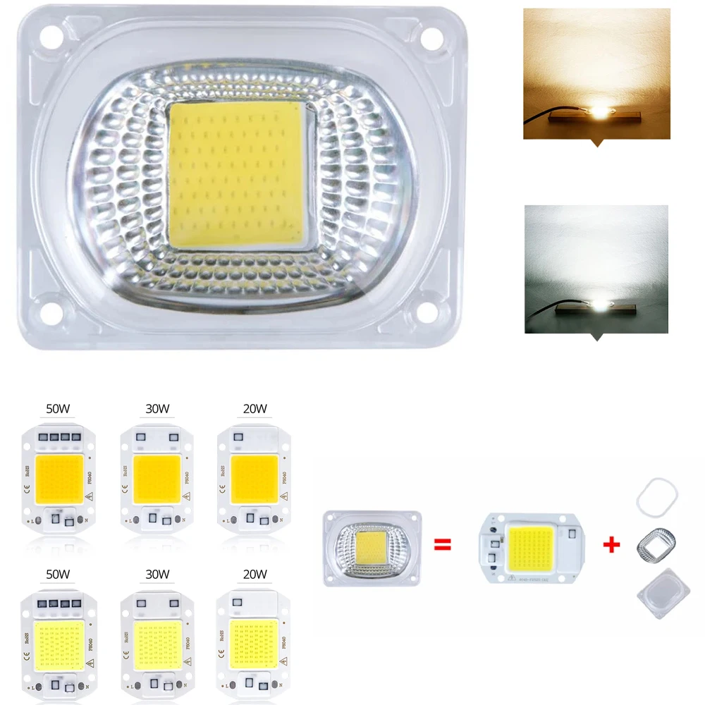 20W 30W 50W COB LED Light Matrix With Lens Reflector 110V 220V Smart IC High Power Diode Array Chip Lamp DIY Floodlight