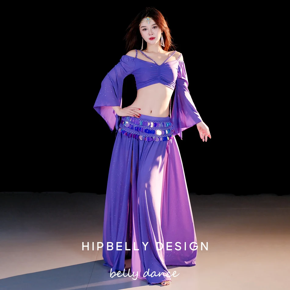 Prestatiekostuums 2-delige set Sexy split-top en rok Volwassen vrouwen Buikdans Show Oefenkleding Danskleding