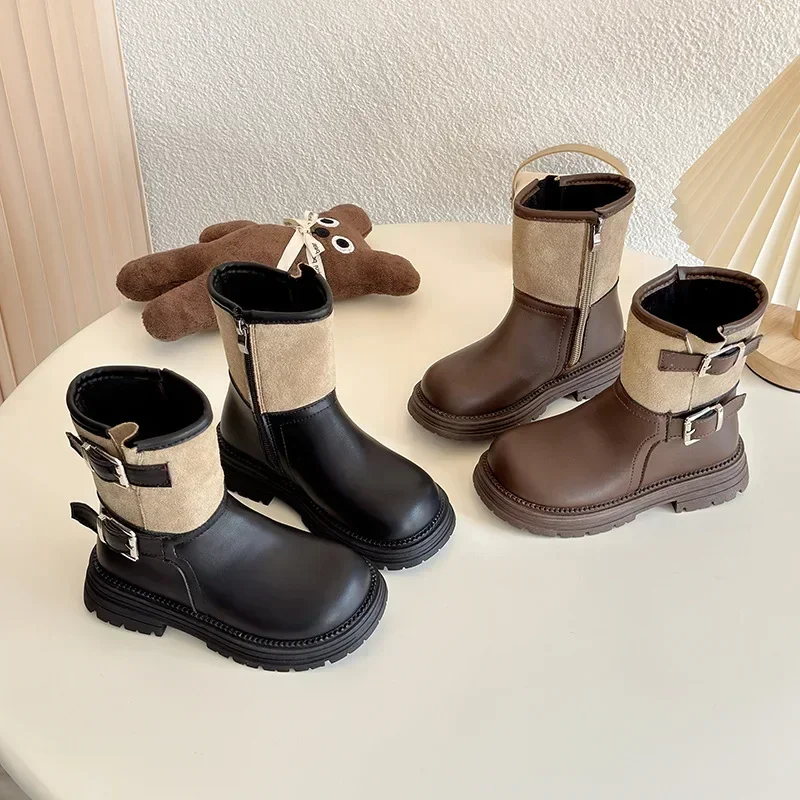 

2024 Children Fashion Boots for Girls Winter New Korean Style Soft Sole Trend Montage Color Versatile Catwalk Chic Leather Shoes