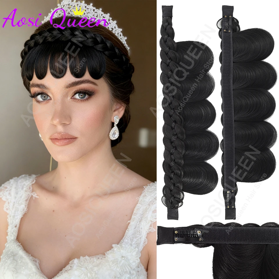 

Обжимная и пушистая плетеная повязка на голову, 3-палочная синтетическая повязка на голову, наращивание челки, искусственная бахрома для волос с длинными сторонами для женщин Natura