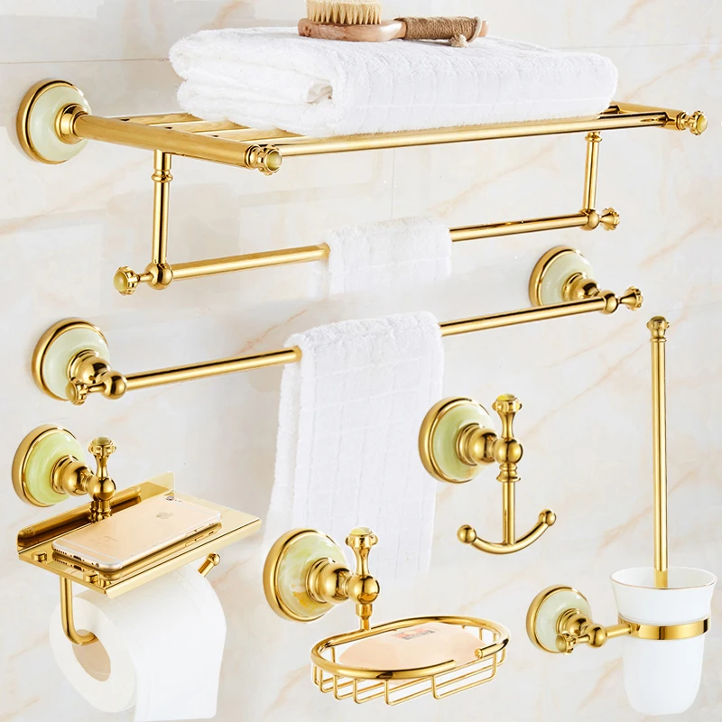 

European-style All-copper Bath Towel Rack Bathroom Pendant Set Bathroom Rack Bathroom Hardware Jade Gold Towel Rack