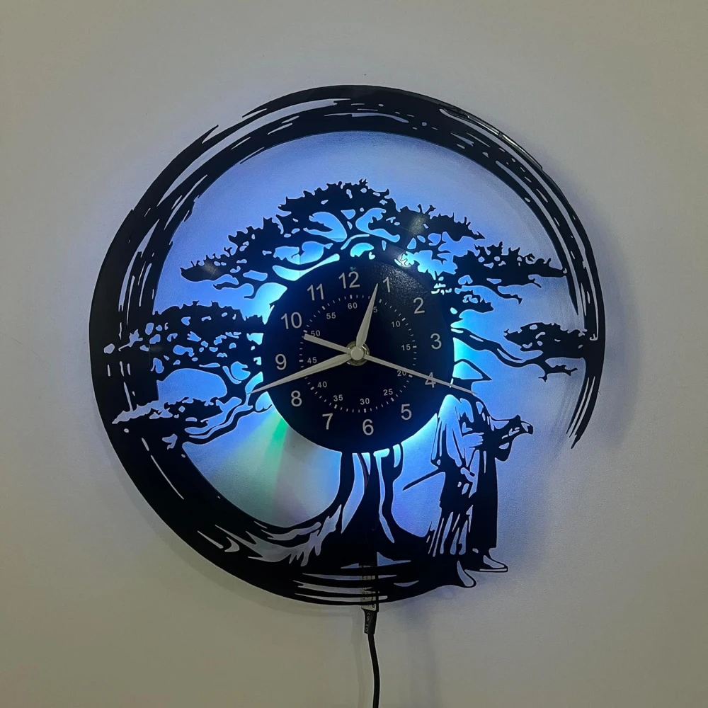 Japanese Bonsai Tree Bushido Creative Vinyl Record Wall Clock Home Decoration Japanese Zen Inspired Gift LED Light Wall Clock