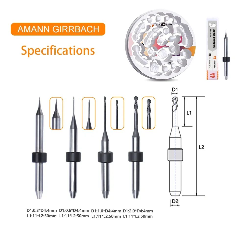 UP3D P52 P53 Dental Milling Burs for PMMA Zirconia Diamond Dental Materials D4 DC Coating CAD CAM System Dental Lab Cutter Tool