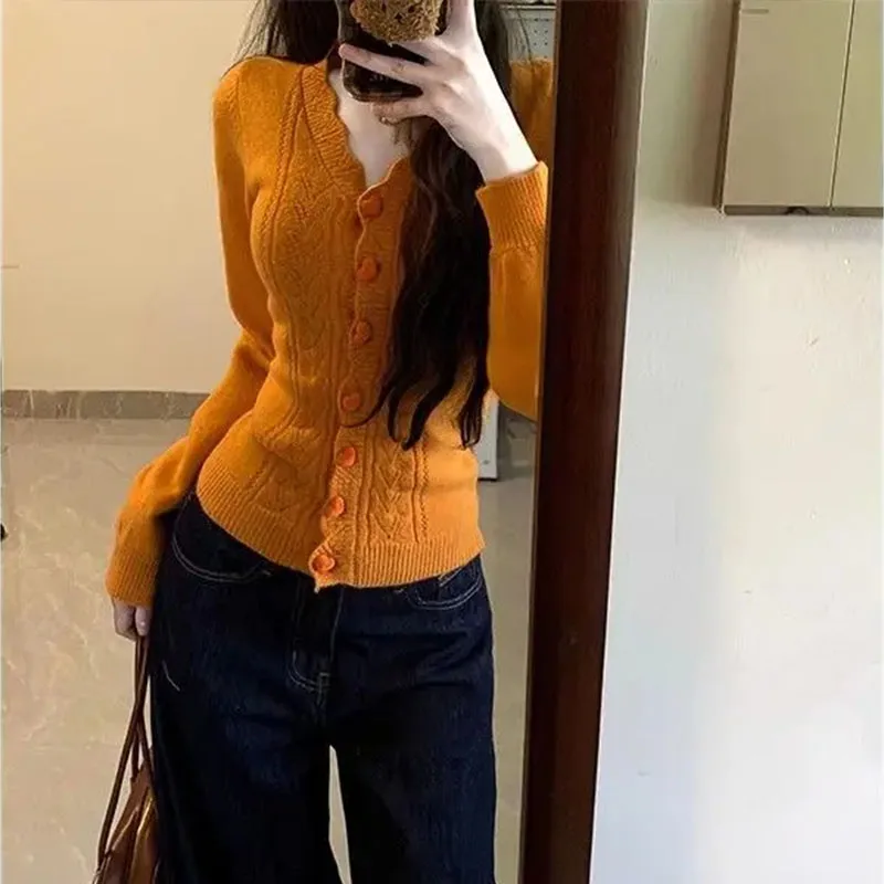 

Women's Slim Fit V-Neck Knitted Open Cardigan Orange Early Autumn New Style Inner Wear Sweater Top Polyester Spandex Blend