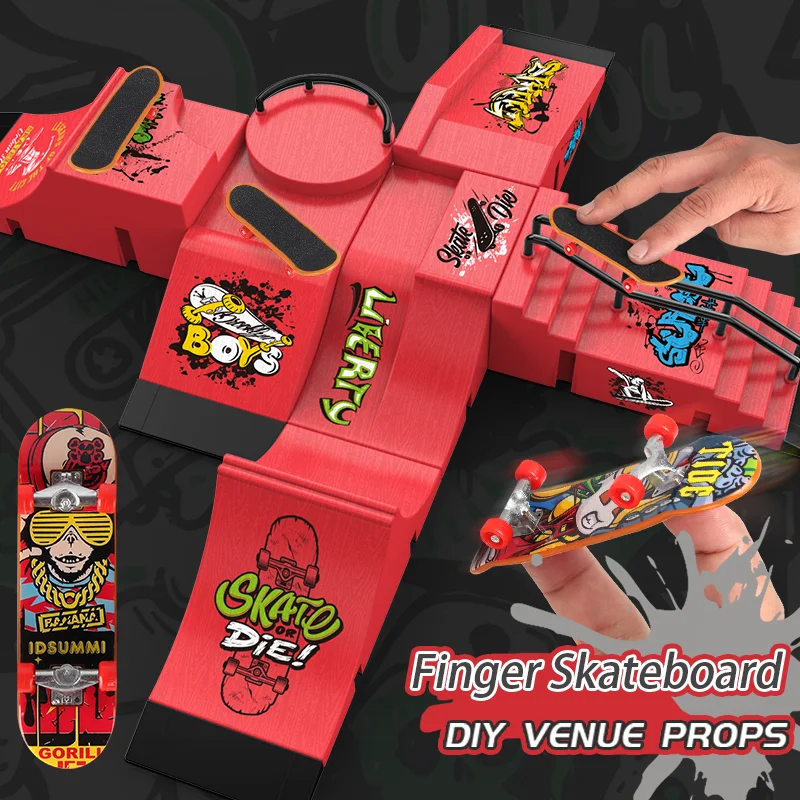 Finger Skateboard Scene Toy Set: 6 Skateboards (with Random Graffiti Patterns) and 6 Venue Props. DIY Venue Scene Assembly for Free Combination. Suitable as a Birthday Gift for Boys, Girls, and