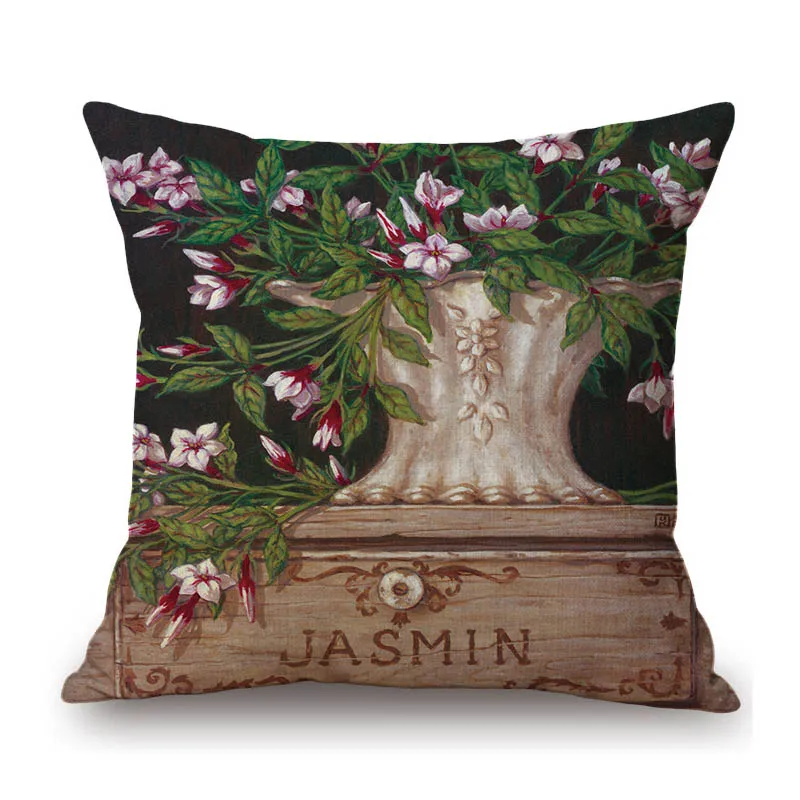 Classic Flower Pot With Flower Lavende Persil Menthe Jasmin Oil Painting Home Decoration Art Pillow Cover Linen Cushion Cover