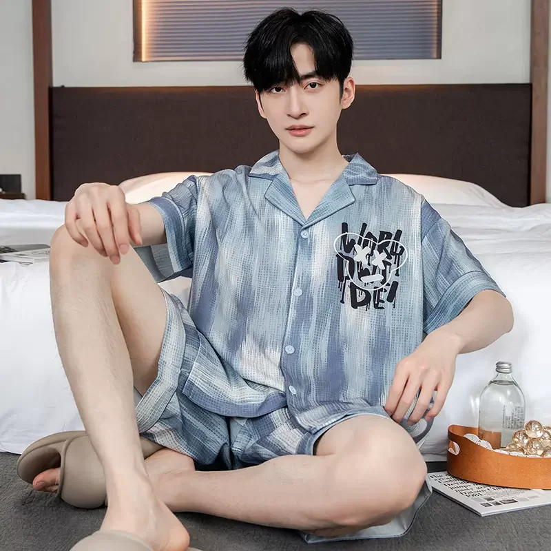 Men's Pajamas Summer Ice Silk Short Homewear Men's Thin Cartoon Oversized Suit Silk Pajamas Casual Sleepwear Men Pyjama Set