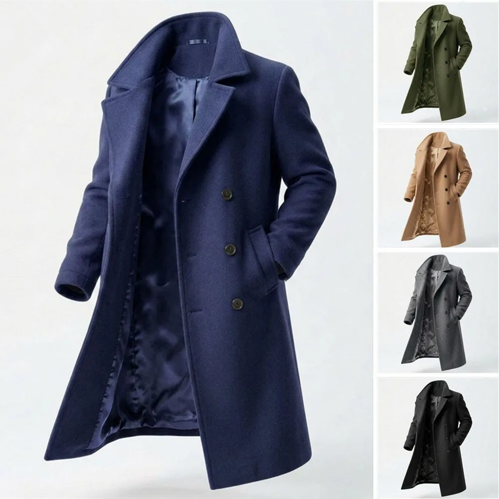 Men Thick Warm Coat Double Breasted Wool Blends Lapel Full Sleeve Casual Work Y2k Streetwear Mid Length Overcoat Autumn Winter