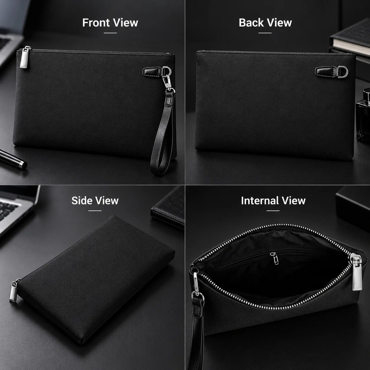 Herren-Clutch aus Kunstleder, große Handtasche mit Reißverschluss und abnehmbarem Trageriemen, geeignet für Geschäftsreisen, zum Aufbewahren von Telefon und Dokumenten. – Detail 3