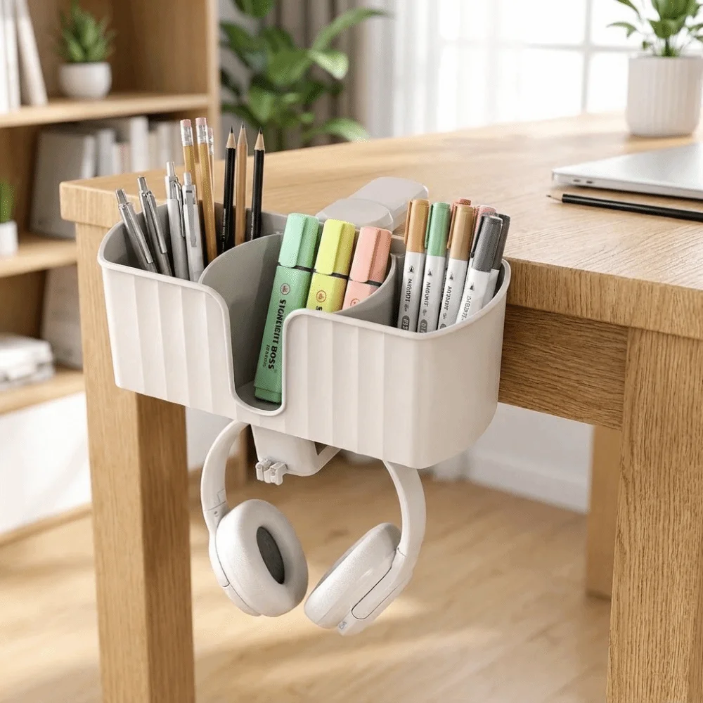 Plastic 4 in 1 Desk Headphone Hanger Space Saving Detachable Under Desk Cup Holder with 2 Wire Holes Rotating Headphone Holder