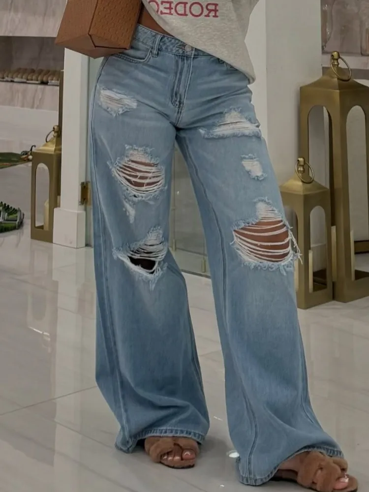 Women High Waist Wide Leg Pants Hole Straight Pants Long Jeans Casual Trendy Trousers 2025 Autumn Winter New Denim Trousers