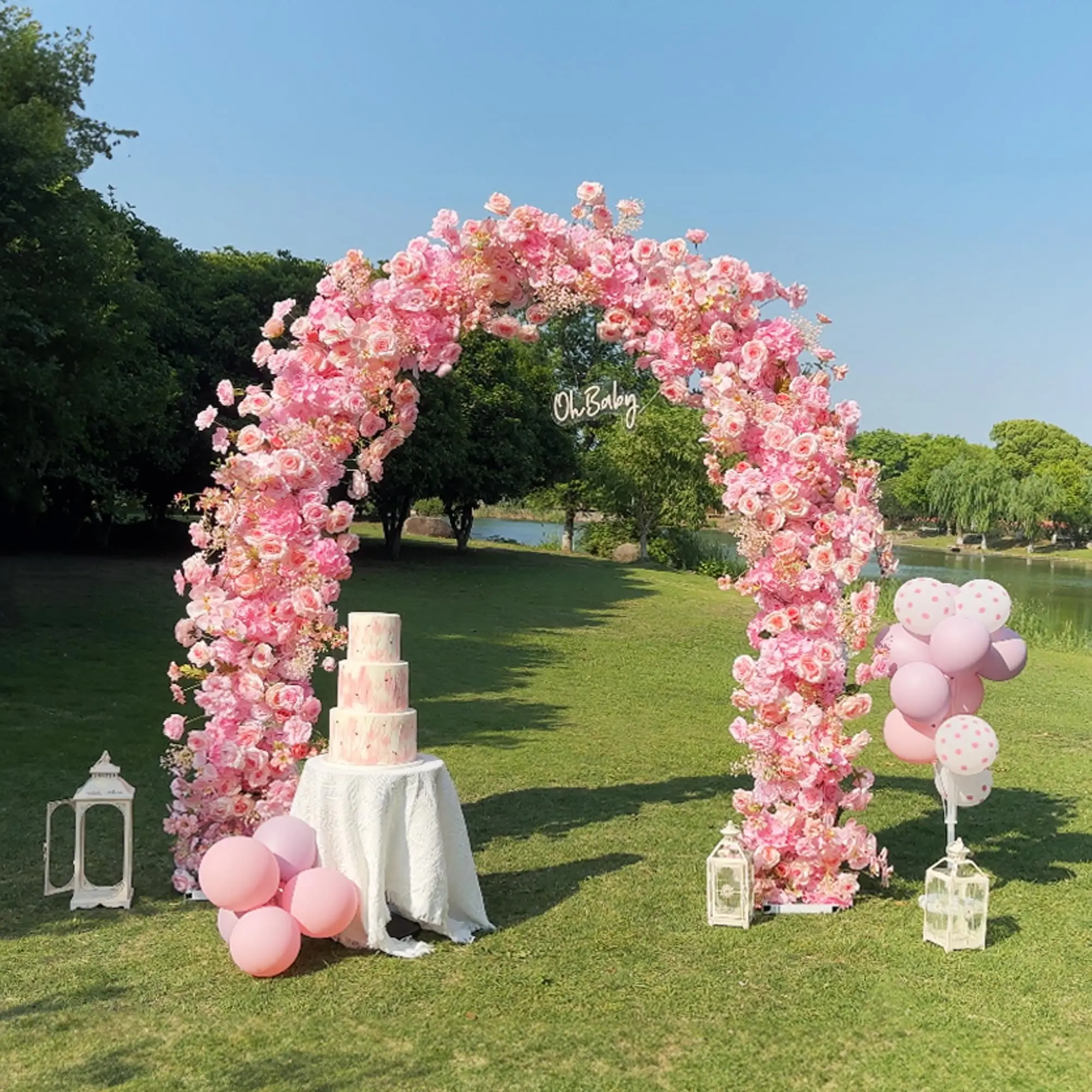 Uflower Luxury Pink Rose White Greenery Flower Row Runner Wedding Arch Decor Floral Arangement Flower Stand Event Decor Prop