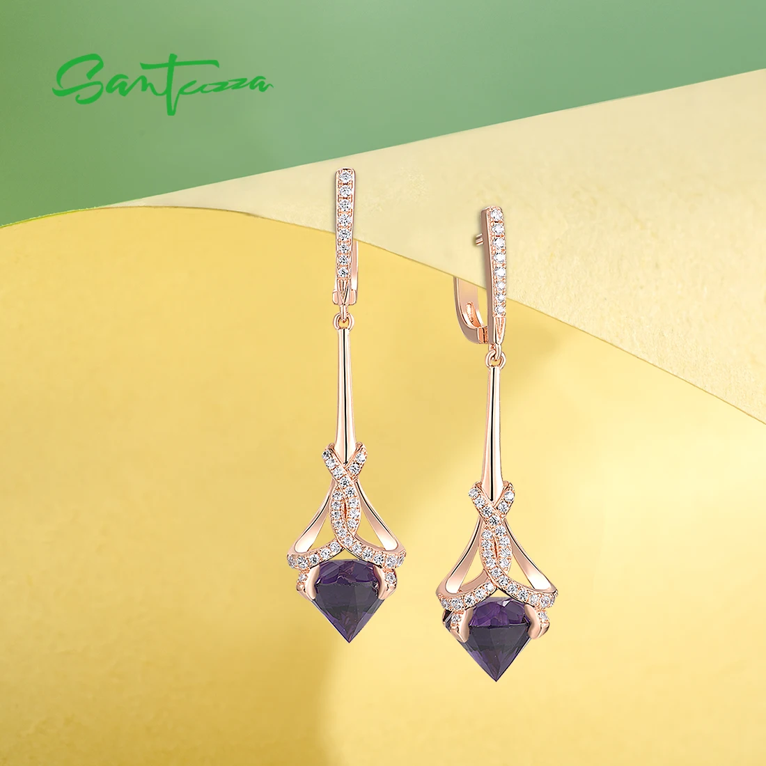 SANTUZZA Pure 925 Sterling Silver Dangling Earrings For Women Sparkling White CZ Purple Stone Delicate Party Gift Fine Jewelry