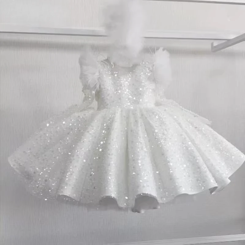 First Birthday Party Dresses for Baby Girls White Princess Wedding Dress Sequins Children Performance Costumes for Eids Clothes