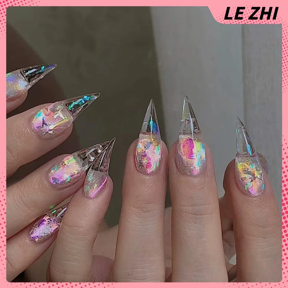 Y2K Handmade Colorful Gradients Extra Long Dragon Claw Full Cover Nails Glittering Sequined Diamond Wearable Press On Nail