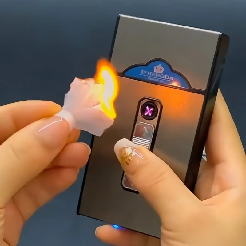 Thin Cigarette Box Thick Version, New 2-in-1 Cigarette Box with USB Dual Arc Windproof Rechargeable Lighter Smoking Accessories