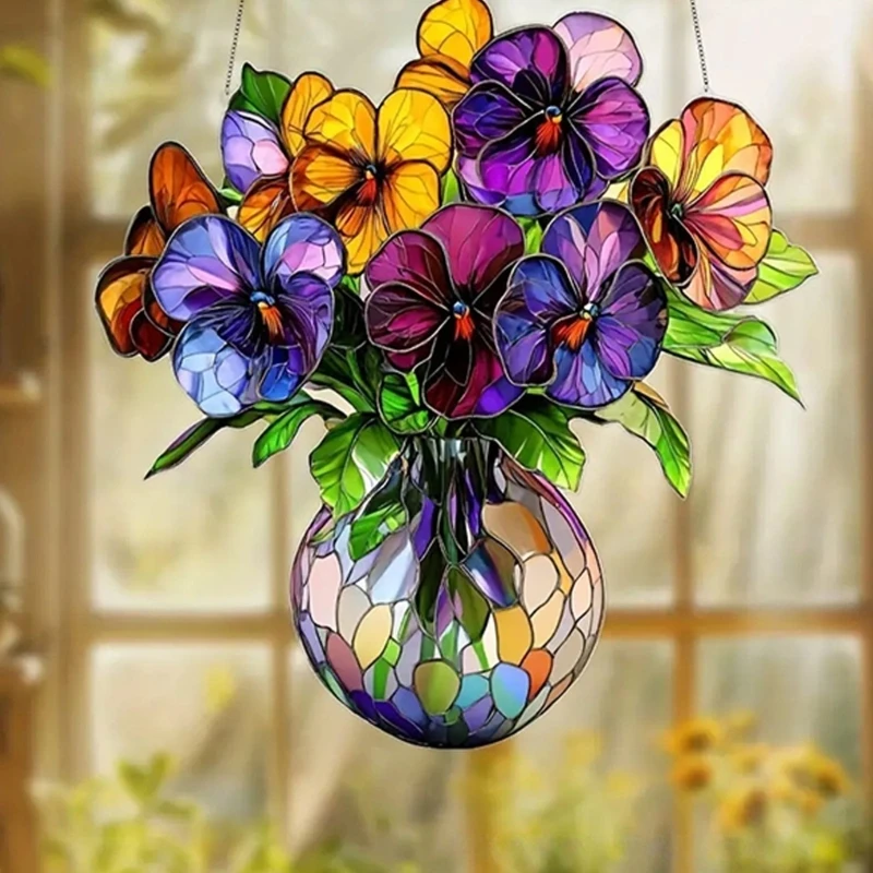 Artistic Potted Plant Stained Acrylic Signage For Outdoor Garden Decoration Weather Resistant Window Hanging Ornament top sale