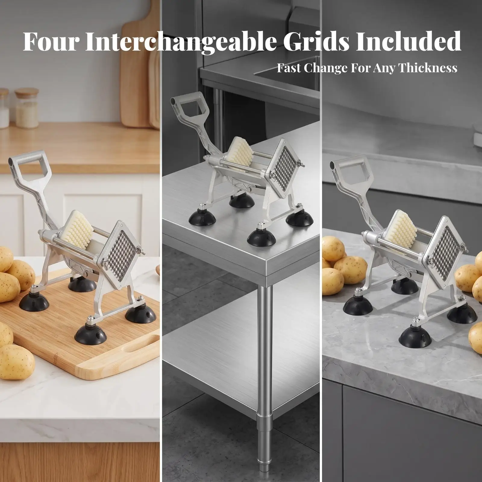 Heavy Duty Kitchen Vegetable Slicer with Aluminum Frame and Four Interchangeable Cutting Heads for Potatoes