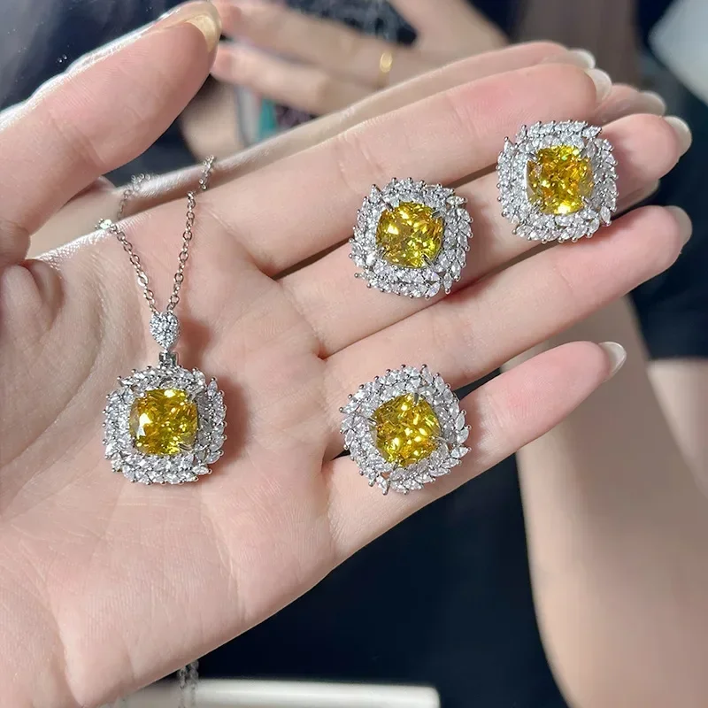 MDL Moissanite Style.Sparkling Princess Pink 10*10 18K Vintage Aquamarine Square Wheat Fringe Zirconia Diamond Ring And Earrings