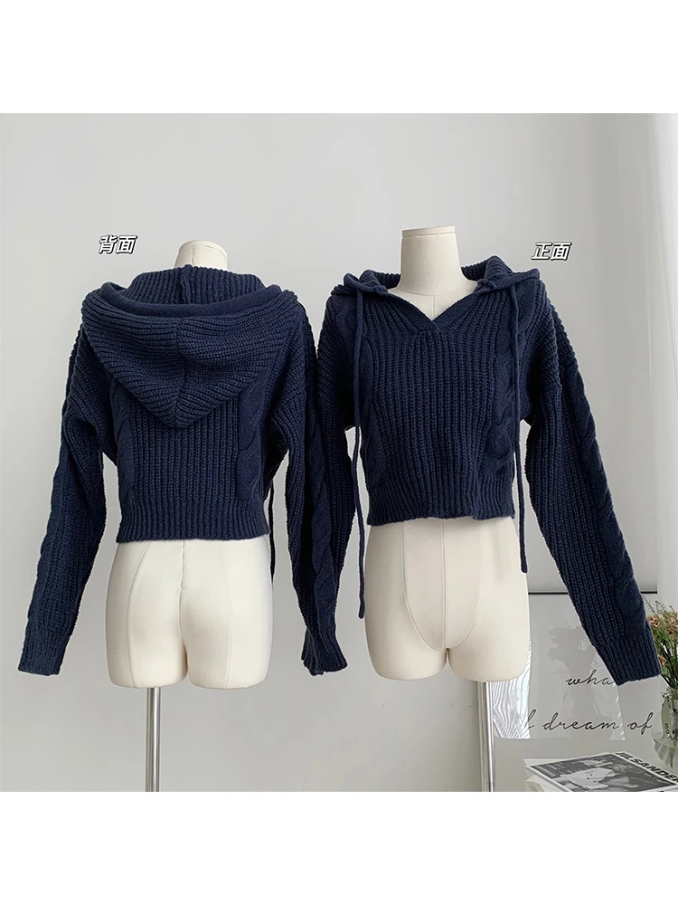 Fashion Retro Autumn Women 2023 New Design Blue Sweatshirts Long Sleeve Hooded Office Lady Casual Knitted Pullovers Y2K Sweaters