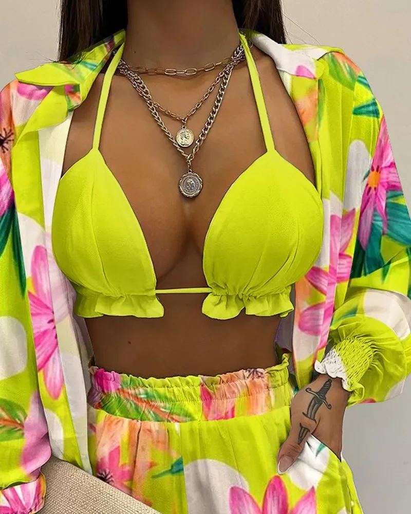 New Print High Waist Bikini Sets Women Long Sleeve Shirt Shorts Swimsuit Three Pieces Summer Sexy Lace Up Beachwear Bathing Suit