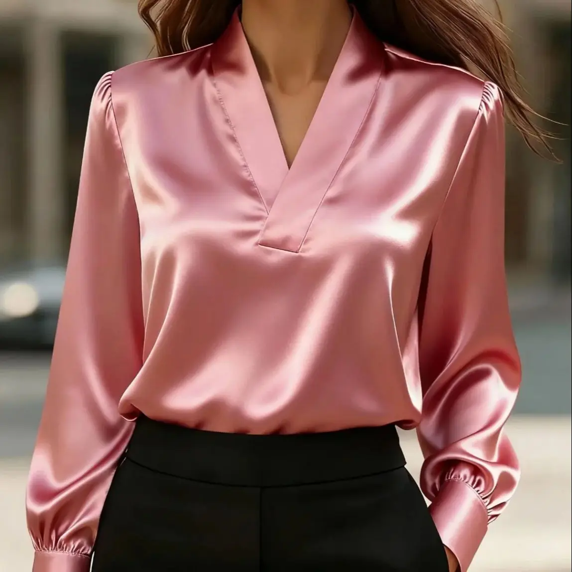 Elegante Langarmbluse mit V-Ausschnitt für Damen, weiches Satin-Büro-Chic-Top – Detail 6