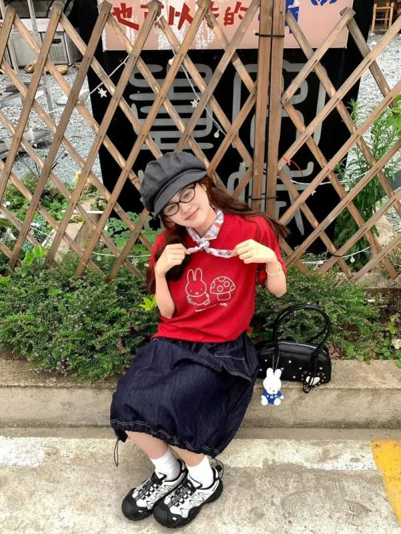 ميفي أرنب جديد أحمر قصير الأكمام Kawaii أرنب طباعة لطيف وعصري فتاة الزي الكرتون الأطفال ملابس لطيف