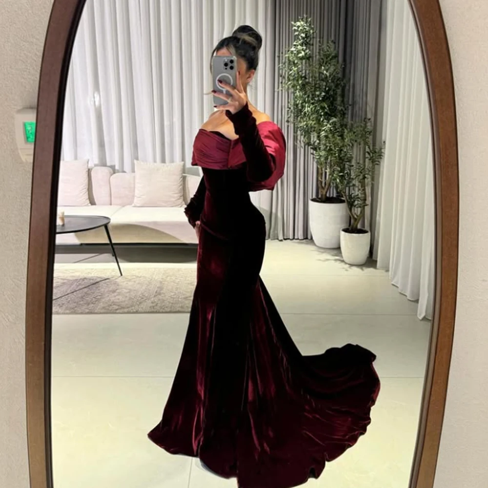 

Customized Burgendy Velour Strapless Sweep Train Formal Evening Dresses Full Sleeves Backless Pleat Mermaid Party Prom Gowns